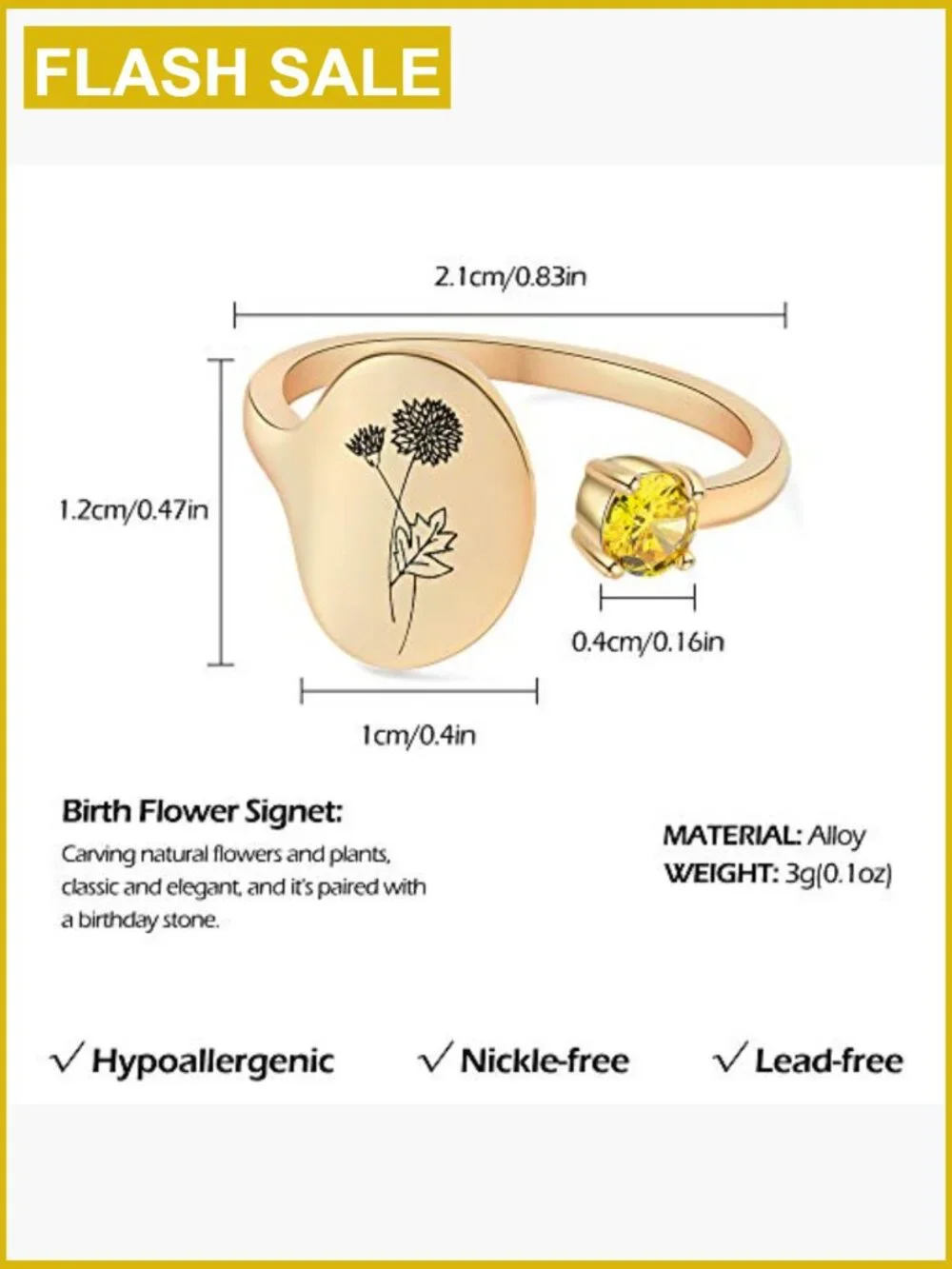 14K Gold Plated Birth Flower Signet Ring - Adjustable Hypoallergenic
